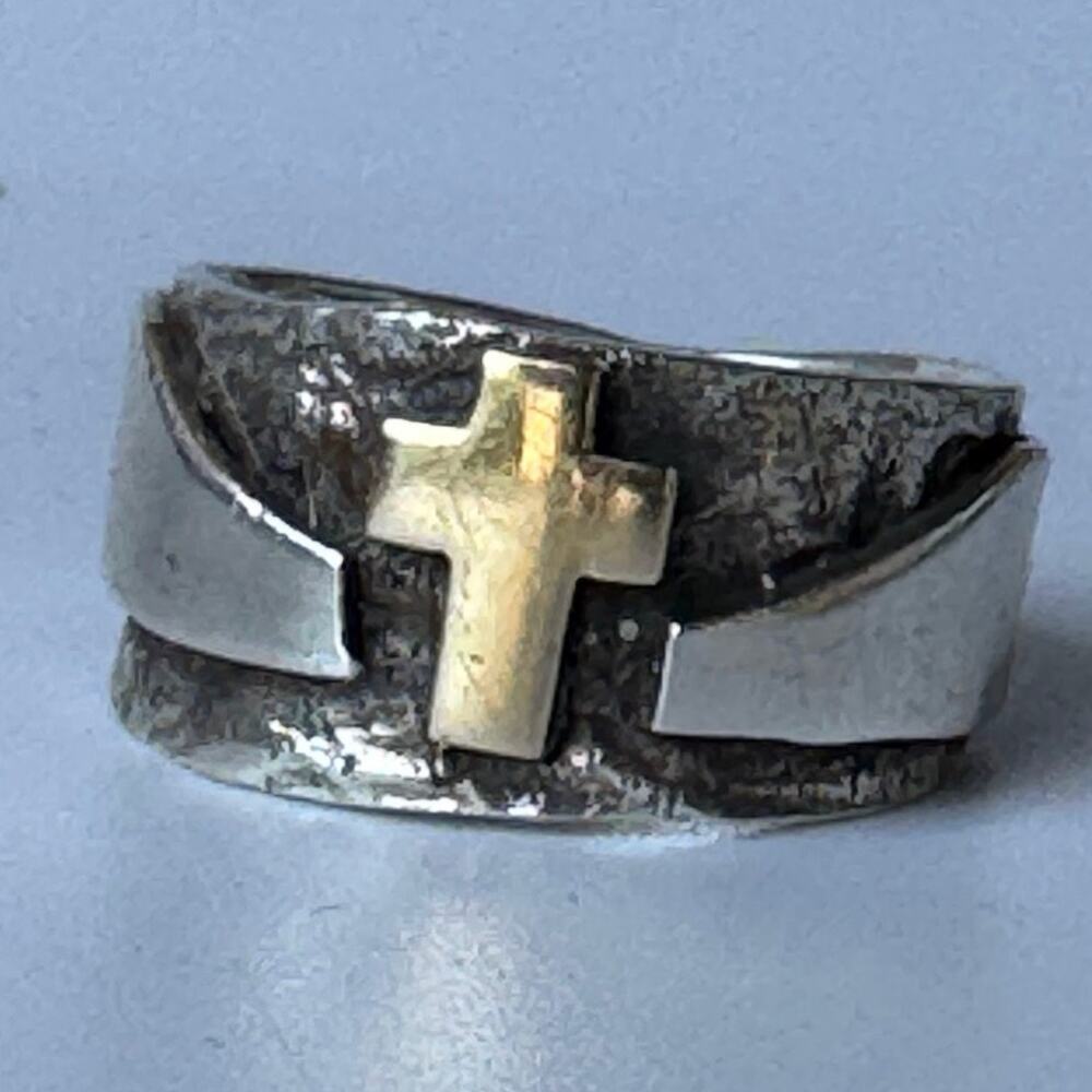 14k Gold Sterling Silver 925 Cross Band Ring Two Tone Signed Hammered Handmade 8